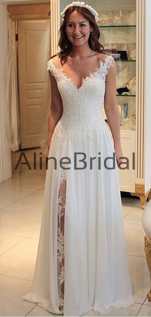 Light Ivory Lace Chiffon V-neck A-line Beach Wedding Dresses, AB1555