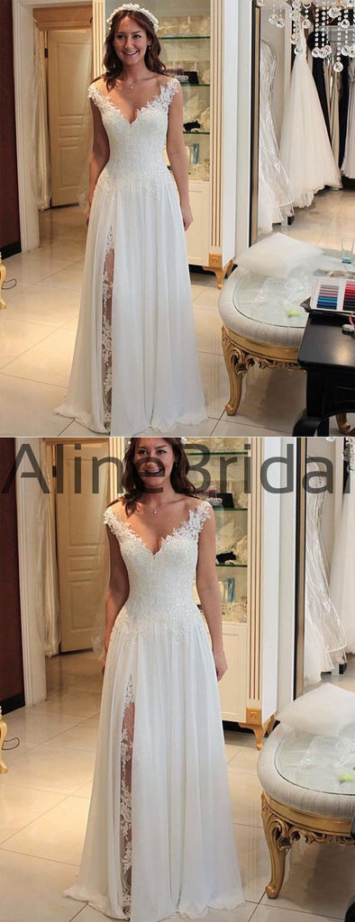 Light Ivory Lace Chiffon V-neck A-line Beach Wedding Dresses, AB1555