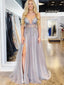 Light Lilac Tulle Beading Illusion V-neck Sexy Prom Dresses,PD00366