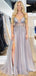 Light Lilac Tulle Beading Illusion V-neck Sexy Prom Dresses,PD00366