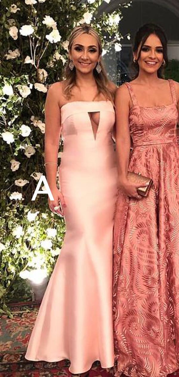 knee length dresses for ladies Pink Satin Off Shoulder Long Prom Dresses, Off the Shoulder Formal Dre –  Lwt Dress main image 1