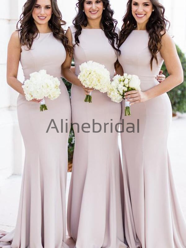 Light Pink Sleeveless Mermaid With Train Long Bridesmaid Dresses, AB4082