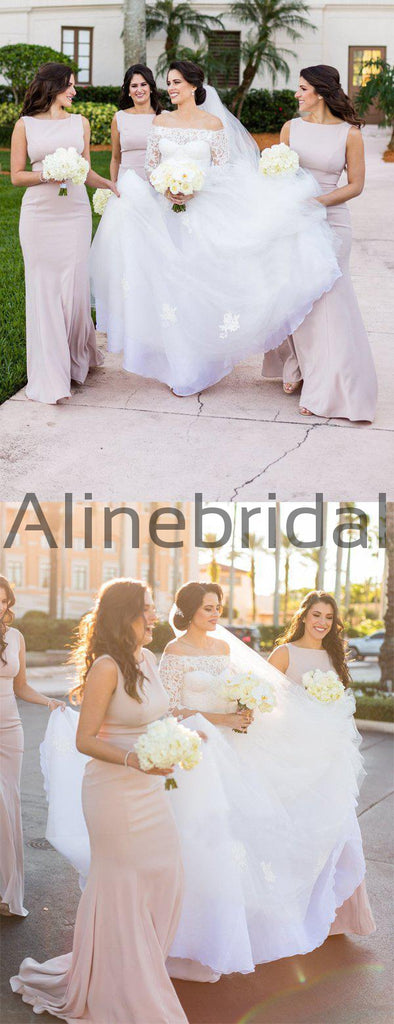 Light Pink Sleeveless Mermaid With Train Long Bridesmaid Dresses, AB4082