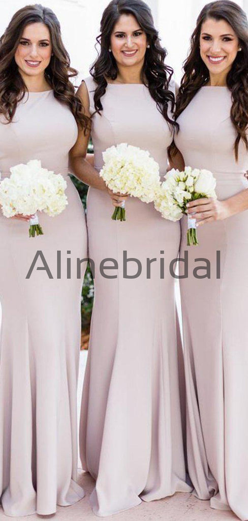 Light Pink Sleeveless Mermaid With Train Long Bridesmaid Dresses, AB4082