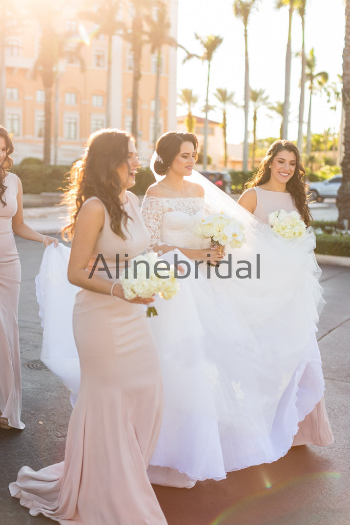 Light Pink Sleeveless Mermaid With Train Long Bridesmaid Dresses, AB4082