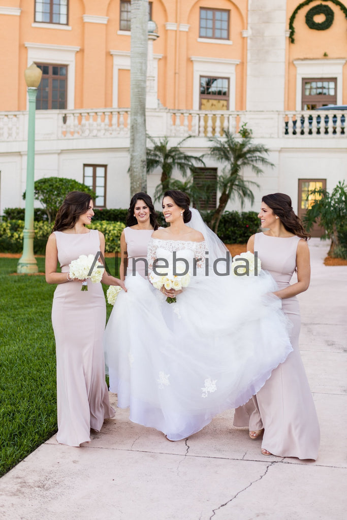 Light Pink Sleeveless Mermaid With Train Long Bridesmaid Dresses, AB4082