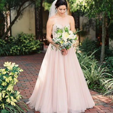 light pink casual wedding dress Strapless Pink Ball Gown Wedding Dresses with Sash Simple Tulle Bridal Dress AWD1273