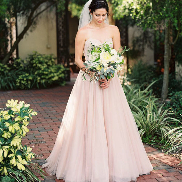 Light Pink Sweetheart Strapless Lace Top Tulle A-line Simple Beach Wed – AlineBridal