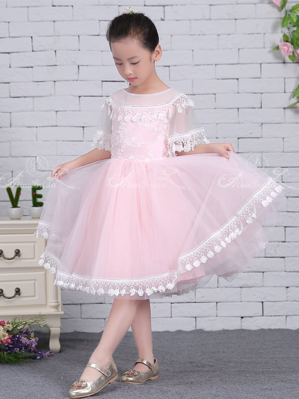 Light Pink Tylle White Lace Tassel Half Sleeve Flower Girl Dresses, FG –  AlineBridal