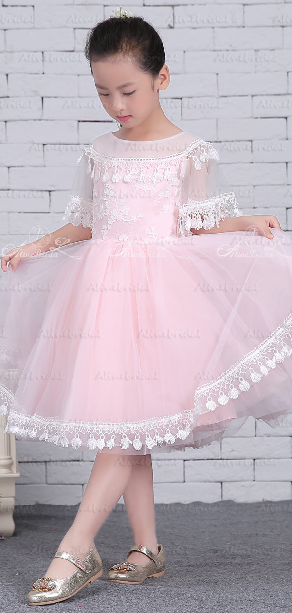 Light Pink Tylle White Lace Tassel Half Sleeve Flower Girl Dresses, FG –  AlineBridal