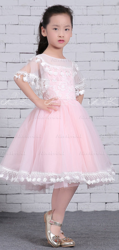 Light Pink Tylle White Lace Tassel Half Sleeve Flower Girl Dresses, FGS129