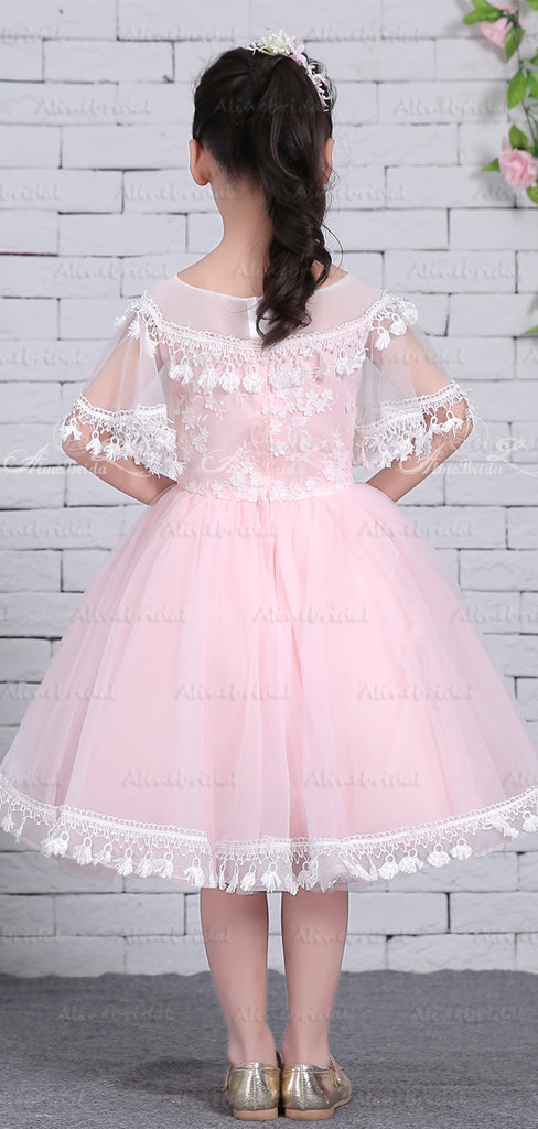 Light Pink Tylle White Lace Tassel Half Sleeve Flower Girl Dresses, FGS129