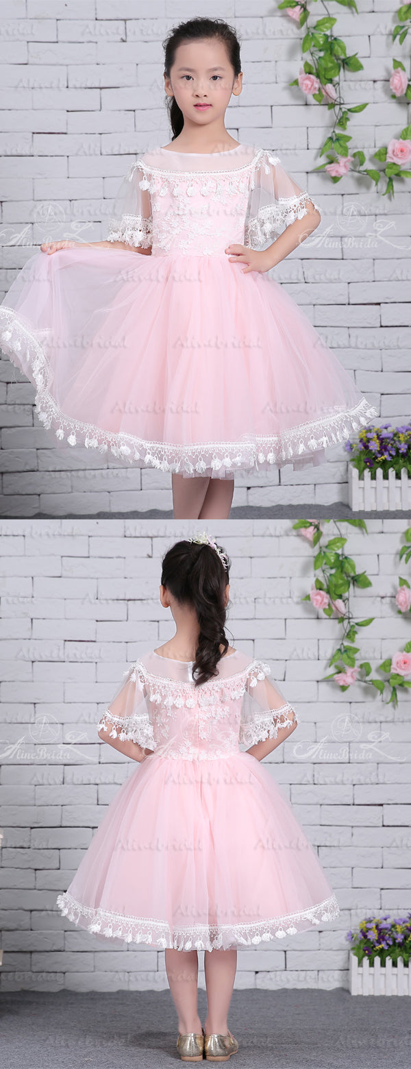 Light Pink Tylle White Lace Tassel Half Sleeve Flower Girl Dresses, FG AlineBridal Light Pink Tylle White Lace Tassel Half Sleeve Flower Girl Dresses, FG AlineBridal
