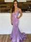 Lilac Sparkly Pleated Plunging Neck Bodycon Mermaid Long Prom Dress PD1045