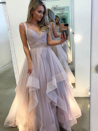 A-line Strapless Deep V-neck Appliques Long Satin Prom Dresses, PD1045