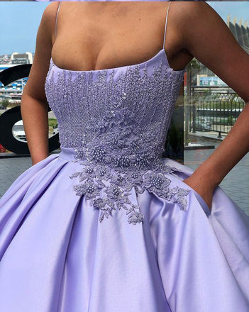 Lilac Satin Beading Applique Spaghetti Strap Ball Gown Prom Dresses,PD00188