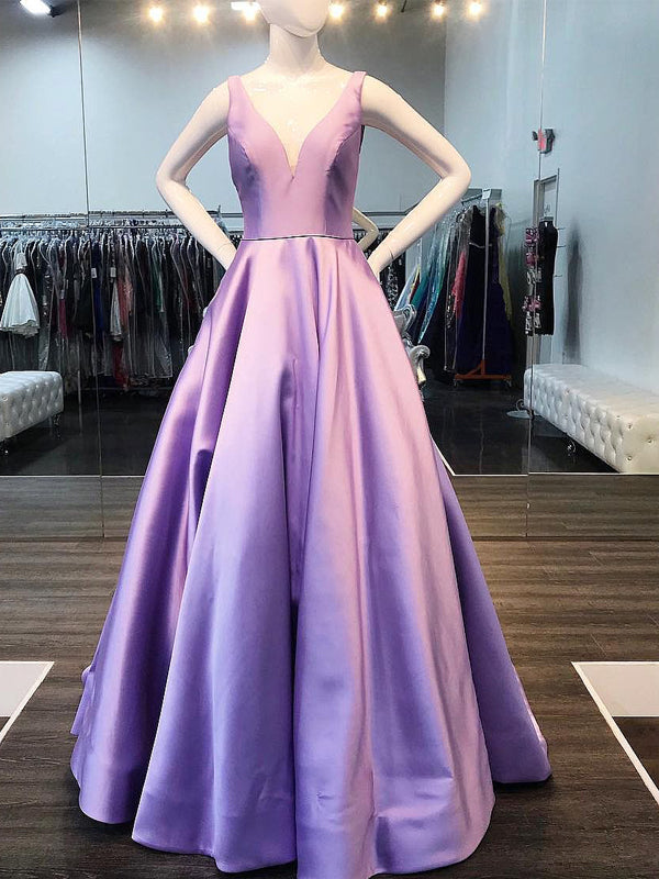 Lilac Satin V neck Sleeveless Pockets A line Prom Dresses PD00354 AlineBridal