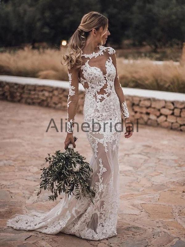 Long Sleeves Lace Mermaid Beach Country Wedding Dresses WD0576