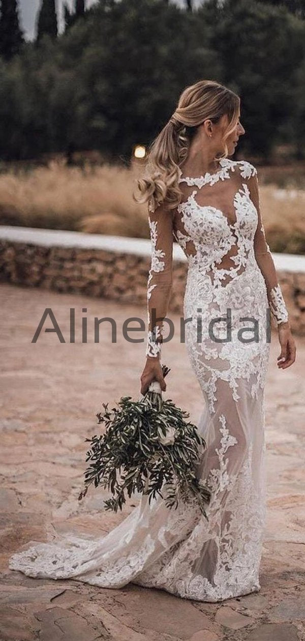Long Sleeves Lace Mermaid Beach Country Wedding Dresses WD0576 AlineBridal Long Sleeves Lace Mermaid Beach Country Wedding Dresses WD0576 AlineBridal