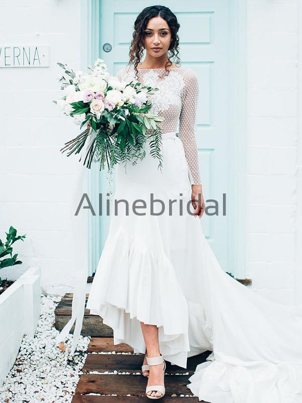 Long Sleeves Unique Rustic Trumpet Lace Beach Wedding Dresses WD0577