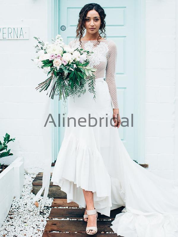 Long Sleeves Unique Rustic Trumpet Lace Beach Wedding Dresses WD0577 AlineBridal Long Sleeves Unique Rustic Trumpet Lace Beach Wedding Dresses WD0577 AlineBridal