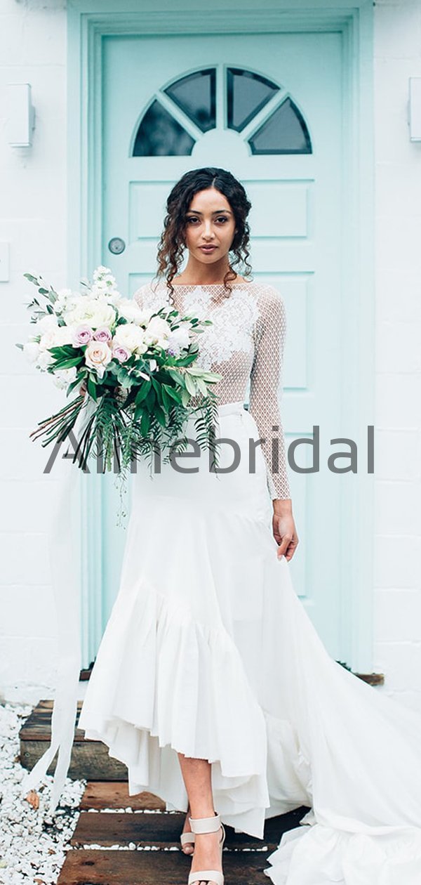 Long Sleeves Unique Rustic Trumpet Lace Beach Wedding Dresses WD0577 AlineBridal Long Sleeves Unique Rustic Trumpet Lace Beach Wedding Dresses WD0577 AlineBridal