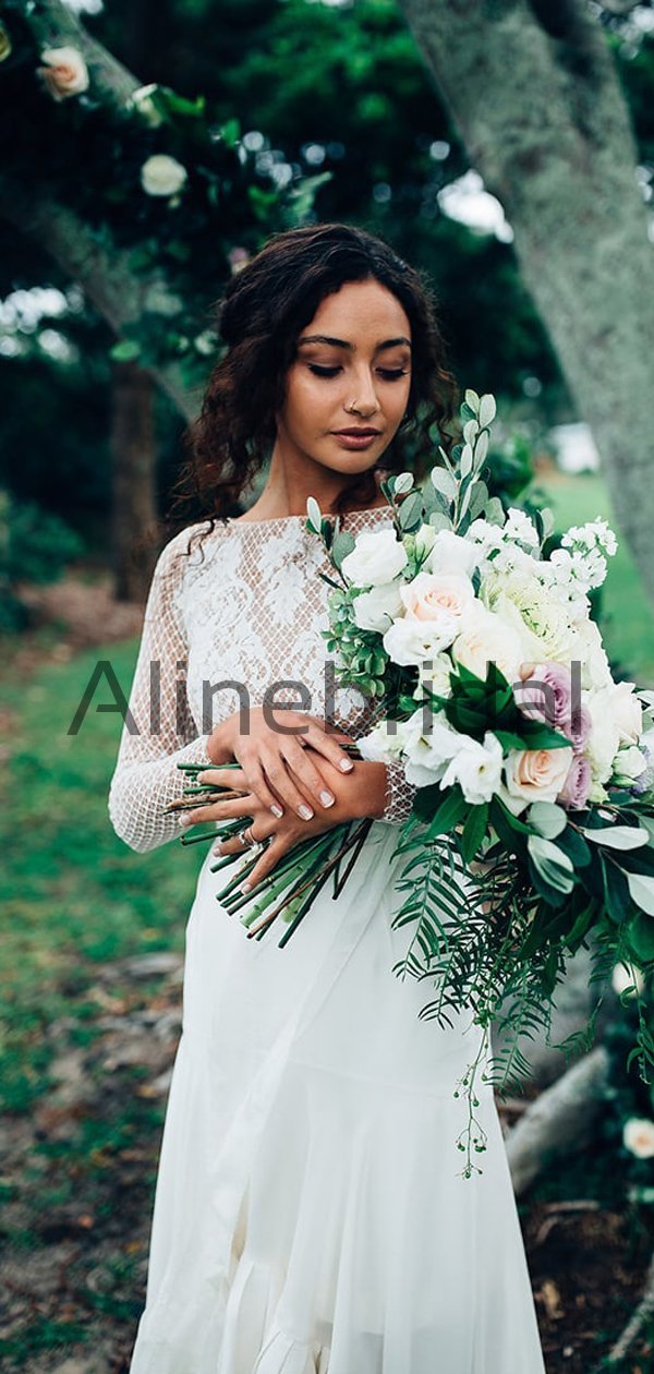Long Sleeves Unique Rustic Trumpet Lace Beach Wedding Dresses WD0577 AlineBridal Long Sleeves Unique Rustic Trumpet Lace Beach Wedding Dresses WD0577 AlineBridal