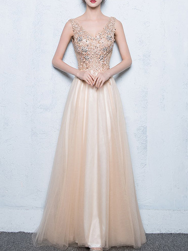 Long A-line Sleeveless V-neck Pretty Lace Appliques Beading Sequins Prom Dresses,PD00007