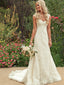 Long A-line  Wide Lace Shoulder Strap Deep V-back Sleeveless Train  Sweetheart Full Lace Country  Wedding Dress, AB1094