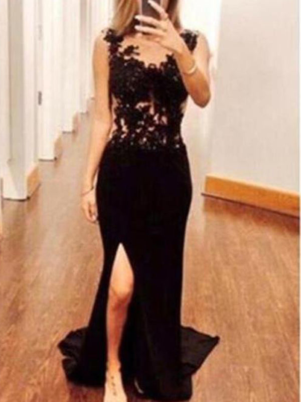 Long Black Lace Slip Side Sexy Open Back Casual Affordable Prom Dress, AlineBridal Long Black Lace Slip Side Sexy Open Back Casual Affordable Prom Dress, AlineBridal