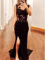 Long Black Lace Slip Side Sexy Open Back Casual Affordable Prom Dress,PD0031
