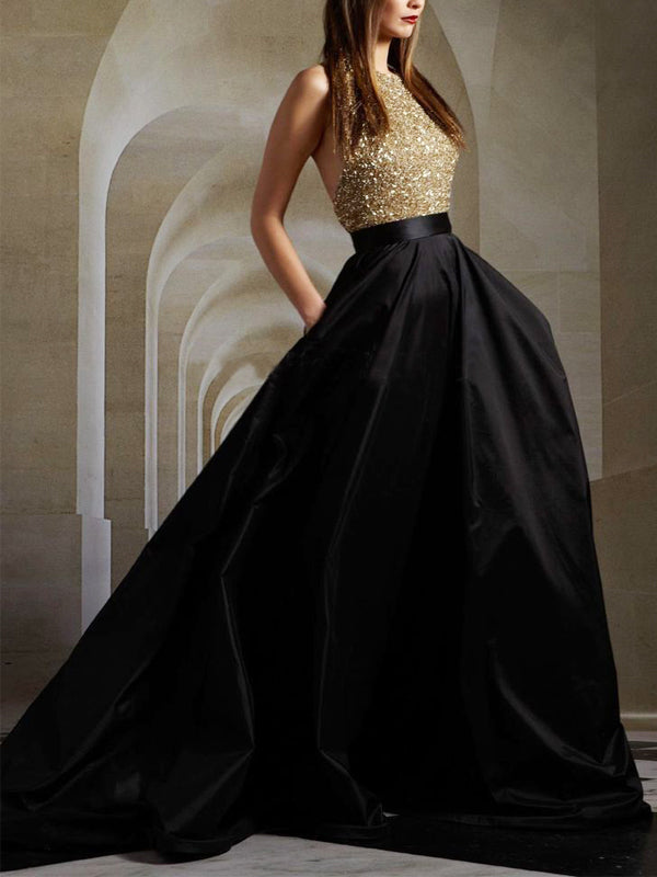 Long Gold Sequin Black A-line Ball Gown Sparkly Formal Prom Dress, PD1 AlineBridal Long Gold Sequin Black A-line Ball Gown Sparkly Formal Prom Dress, PD1 AlineBridal