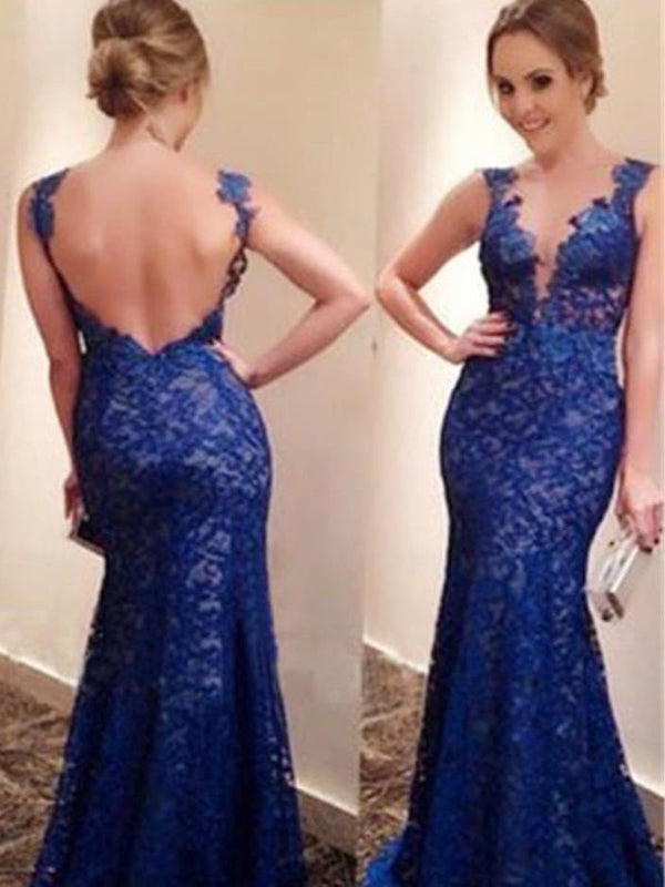 Long Blue Lace Sheath Sexy Backless Evening Mermaid Prom Dresses Online,PD0110