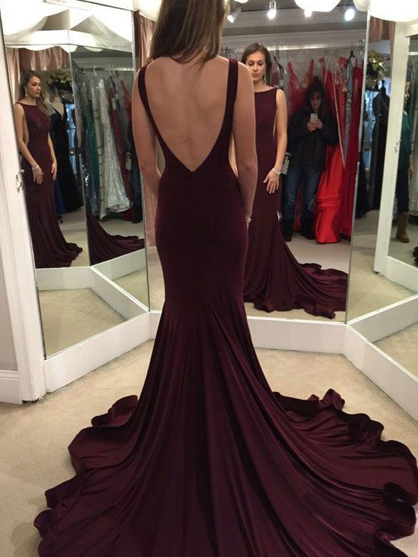 Long Burgundy V-Back Mermaid Simple Formal Evening Prom Gown Dress, PD0215