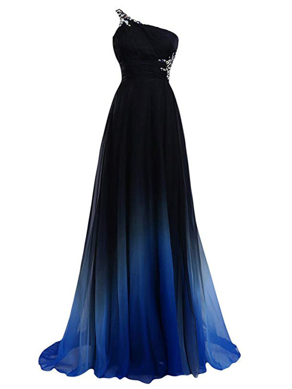 Stunning Black Blue Ombre One Shoulder Prom Dress-Elegant A-Line Chiff AlineBridal Stunning Black Blue Ombre One Shoulder Prom Dress-Elegant A-Line Chiff AlineBridal