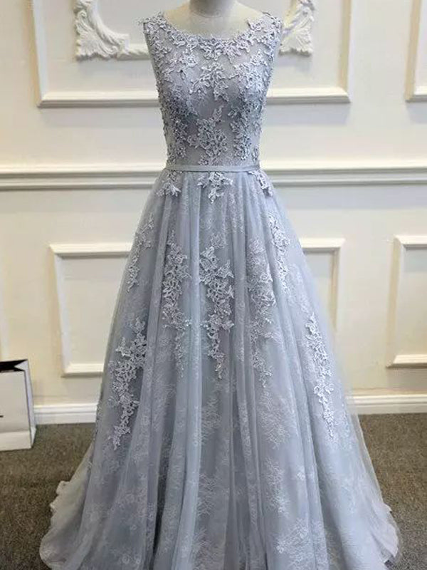 Long Custom Gray V-Back Scoop Tulle With Lace Appliques Party Prom Dresses,PD0083