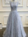Long Custom Gray V-Back Scoop Tulle With Lace Appliques Party Prom Dresses,PD0083