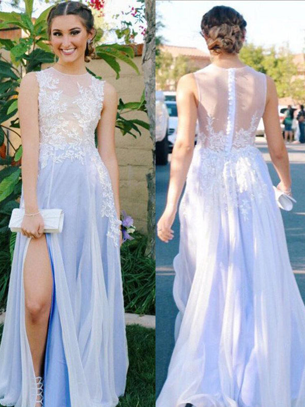 Long Custom See Through Side Slit Scoop A-line Evening Party Cocktail Prom Dresses Online,PD0132