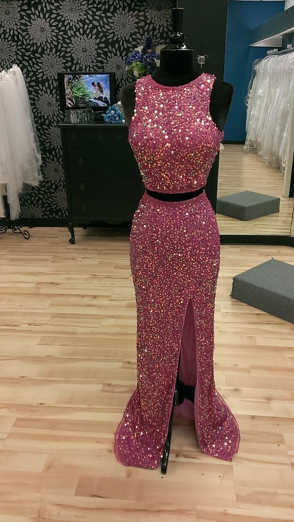 Long Custom Two Pieces Sparkle Side Slit Open Back Cocktail Evening Party Prom Dresses Online,PD0180