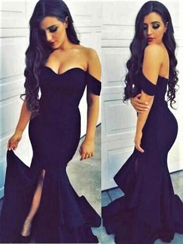 green emerald velvet dress Sexy Black Off the Shoulder Ruffled Mermaid Evening Dress with Slit-Co –  AlineBridal