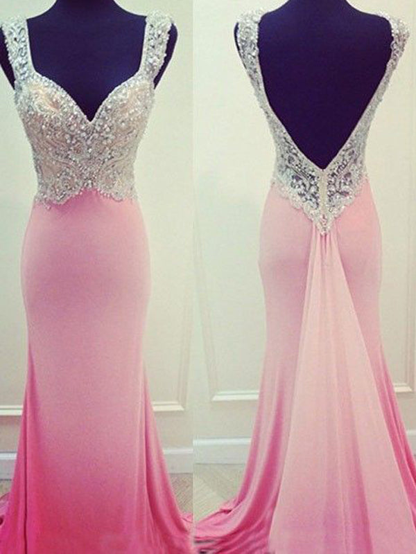Long Pink Mermaid Open Back Sparkly Unique Custom Prom Dresses,PD0029