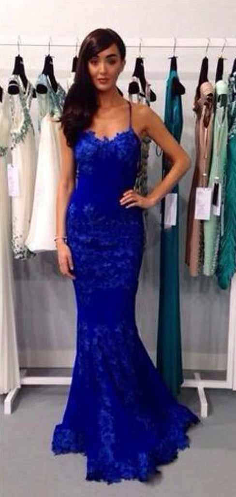 Long Royal Blue Lace Straps Backless Cocktail Party Prom Dress,PD0042