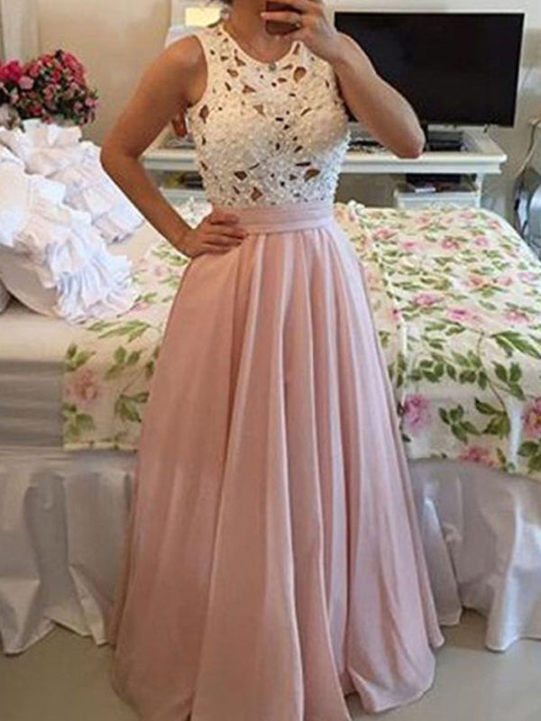 white lace pink chiffon dress Long Pink Chiffon White Lace Fashion Evening Party Prom Dresses,PD0073 AlineBridal