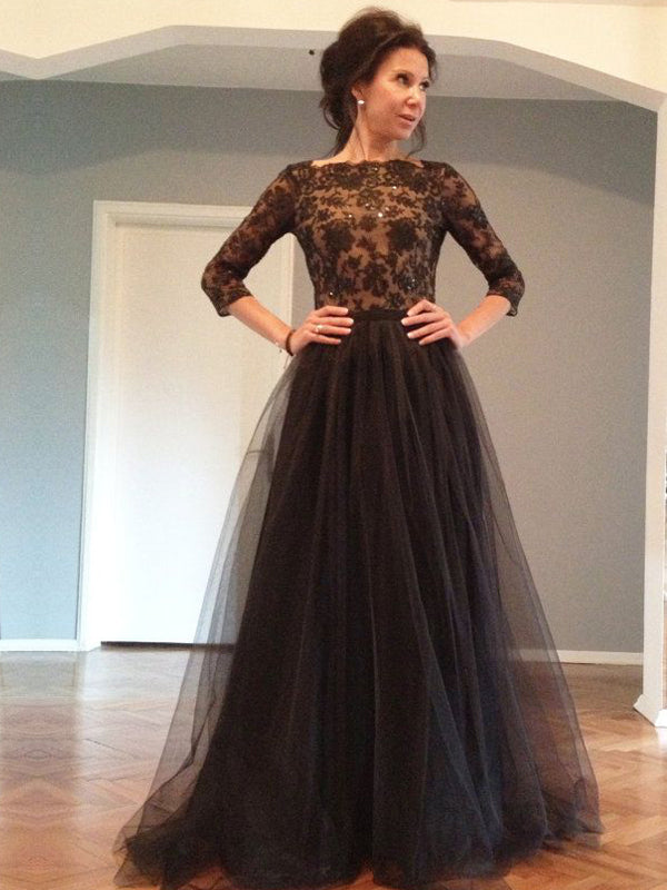 Long Sleeve Black Lace Backless Ball Gown Evening Party Prom Dress, PD AlineBridal Long Sleeve Black Lace Backless Ball Gown Evening Party Prom Dress, PD AlineBridal