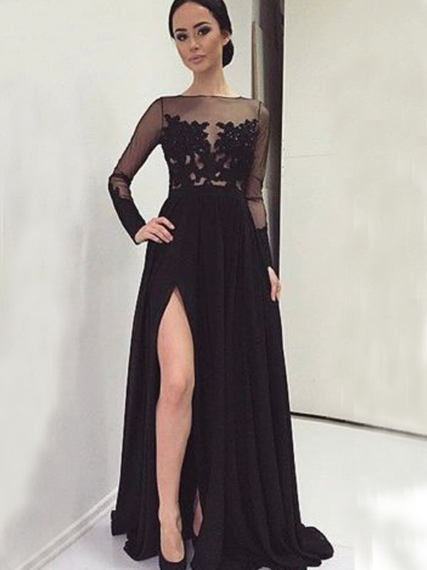 Long Sleeve Black With Slip Side Sexy Appliques Charming Evening Dress For Prom Gown.  PD0210