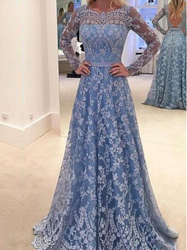 Long Sleeve Blue Lace A line Open Back Cocktail Evening Party Prom Dresses Online PD0182
