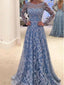Long Sleeve  Blue Lace A-line Open Back Cocktail Evening Party Prom Dresses Online,PD0182