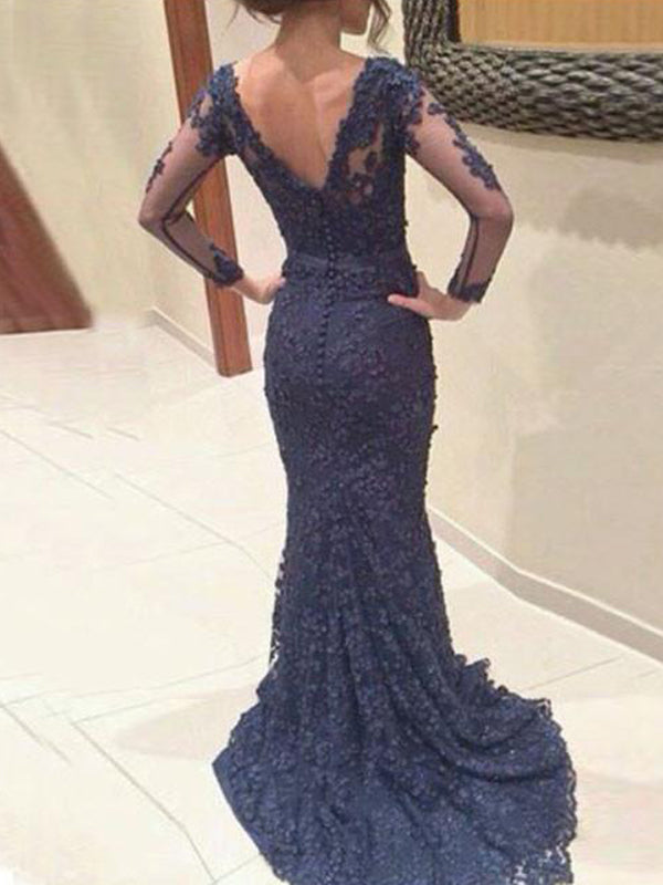 Long Sleeve Custom Navy Lace V neck Mermaid Simple Formal Evening Prom AlineBridal