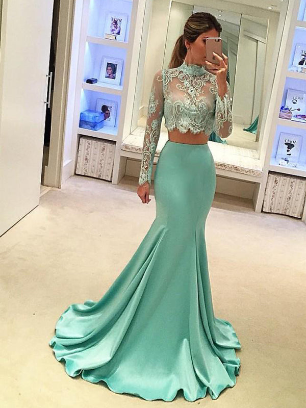 Long Sleeve Green Two pieces Mermaid Lace Sexy Prom Gown Dresses, PD02 AlineBridal Long Sleeve Green Two pieces Mermaid Lace Sexy Prom Gown Dresses, PD02 AlineBridal