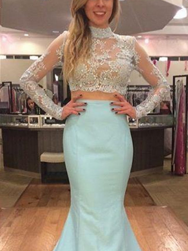 Long Sleeve High Neck Two Pieces Open Back Elegant Charming Prom Gown Dresses. PD0222